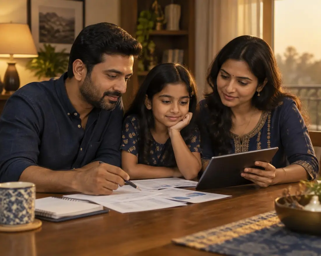 A family in Surat reviewing their mutual fund investment documents together on a tablet